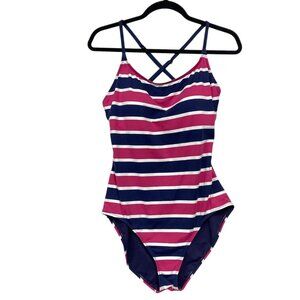 Tommy Bahama One Piece Swimsuit,‎ Size 16, Striped Open Back Cross Straps Padded